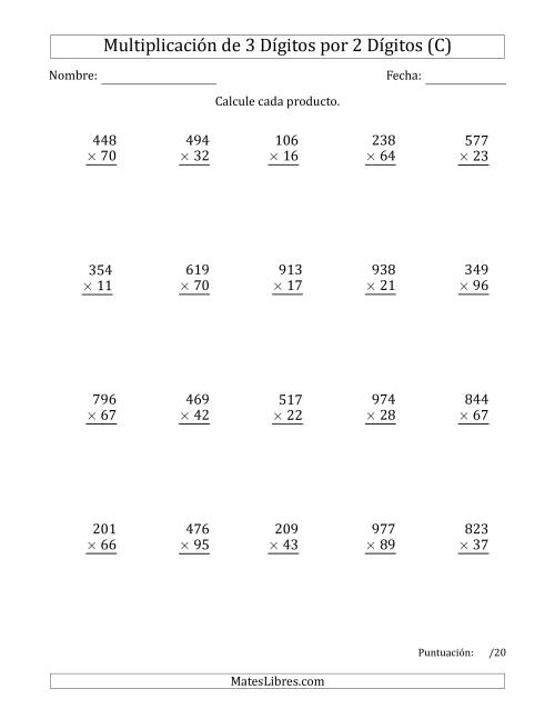 La hoja de ejercicios de Multiplicar Números de 3 Dígitos por 2 Dígitos Usando Comas como Separadores de Millares (C)