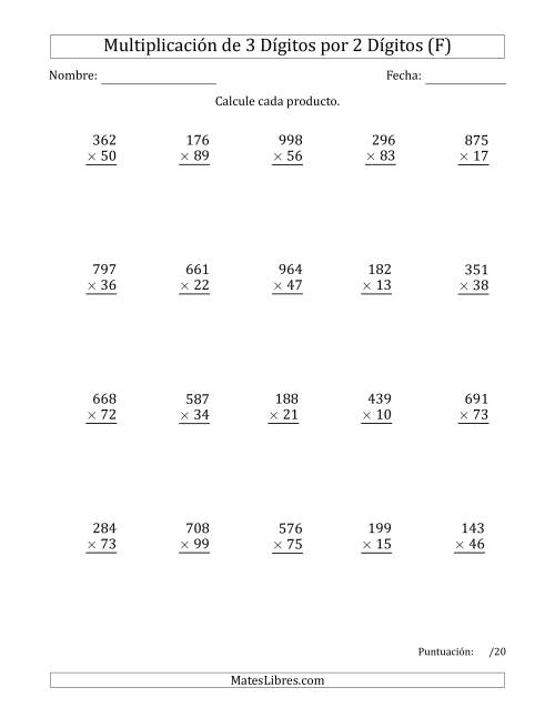 La hoja de ejercicios de Multiplicar Números de 3 Dígitos por 2 Dígitos Usando Comas como Separadores de Millares (F)