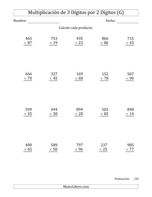 La hoja de ejercicios de Multiplicar Números de 3 Dígitos por 2 Dígitos Usando Comas como Separadores de Millares (G)