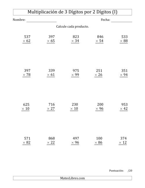 La hoja de ejercicios de Multiplicar Números de 3 Dígitos por 2 Dígitos Usando Comas como Separadores de Millares (I)