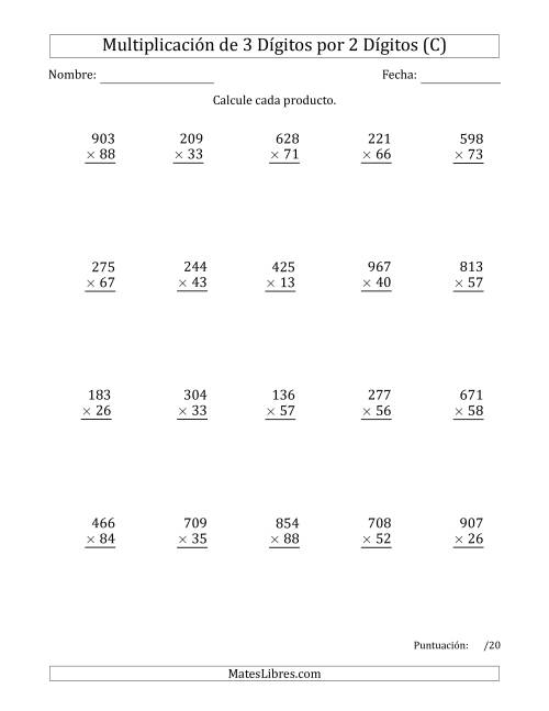 La hoja de ejercicios de Multiplicar Números de 3 Dígitos por 2 Dígitos Usando Puntos como Separadores de Millares (C)