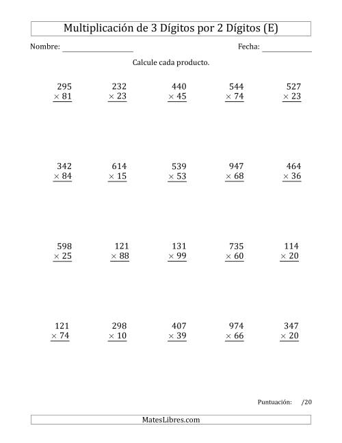La hoja de ejercicios de Multiplicar Números de 3 Dígitos por 2 Dígitos Usando Puntos como Separadores de Millares (E)
