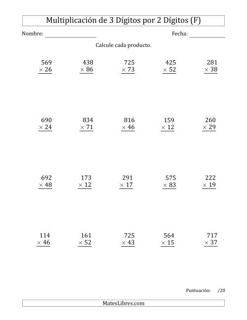 La hoja de ejercicios de Multiplicar Números de 3 Dígitos por 2 Dígitos Usando Puntos como Separadores de Millares (F)