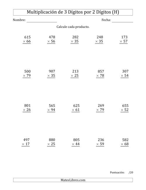 La hoja de ejercicios de Multiplicar Números de 3 Dígitos por 2 Dígitos Usando Puntos como Separadores de Millares (H)