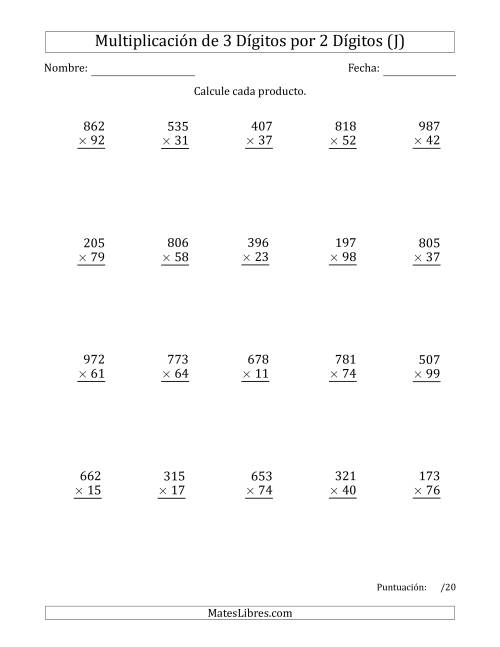 La hoja de ejercicios de Multiplicar Números de 3 Dígitos por 2 Dígitos Usando Puntos como Separadores de Millares (J)