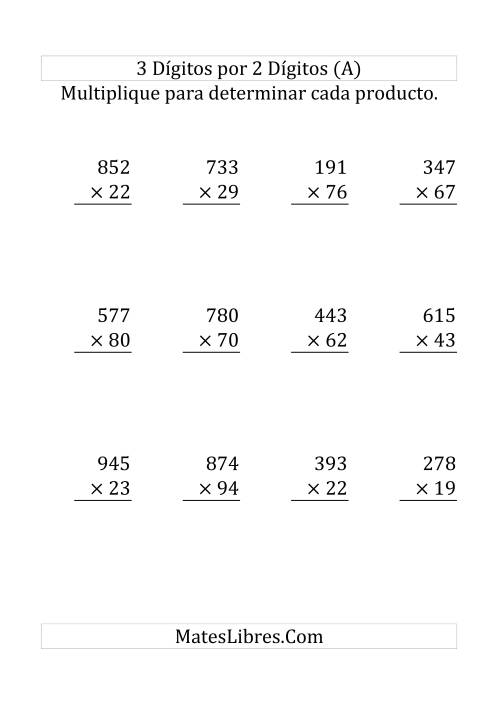 La hoja de ejercicios de Multiplicación Larga, Producto de Tres Dígitos por Dos Dígitos (Grande)