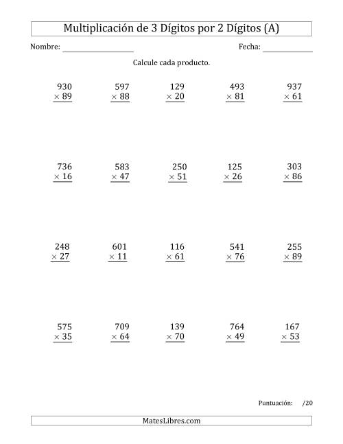 La hoja de ejercicios de Multiplicar Números de 3 Dígitos por 2 Dígitos Usando Comas como Separadores de Millares (Todas)