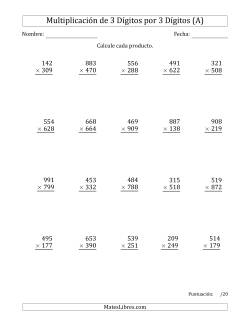 Multiplicar Números de 3 Dígitos por 3 Dígitos Usando Comas como Separadores de Millares
