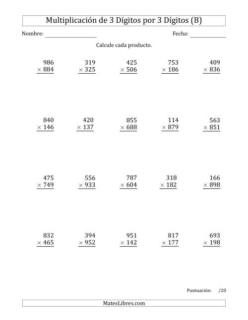 La hoja de ejercicios de Multiplicar Números de 3 Dígitos por 3 Dígitos Usando Comas como Separadores de Millares (B)