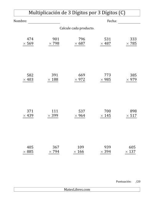 La hoja de ejercicios de Multiplicar Números de 3 Dígitos por 3 Dígitos Usando Comas como Separadores de Millares (C)