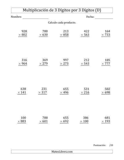 La hoja de ejercicios de Multiplicar Números de 3 Dígitos por 3 Dígitos Usando Comas como Separadores de Millares (D)