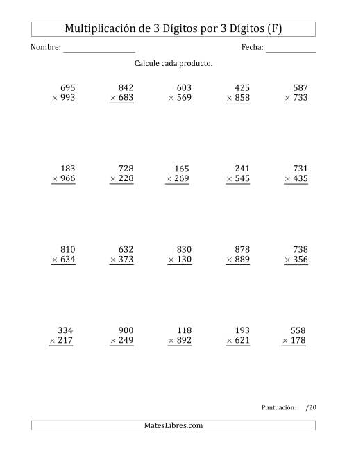 La hoja de ejercicios de Multiplicar Números de 3 Dígitos por 3 Dígitos Usando Comas como Separadores de Millares (F)