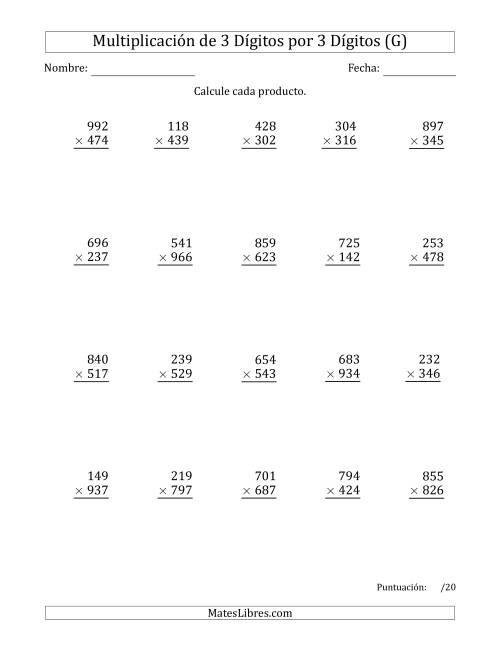 La hoja de ejercicios de Multiplicar Números de 3 Dígitos por 3 Dígitos Usando Comas como Separadores de Millares (G)
