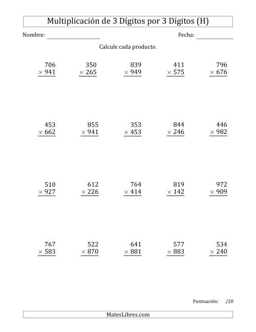 La hoja de ejercicios de Multiplicar Números de 3 Dígitos por 3 Dígitos Usando Comas como Separadores de Millares (H)