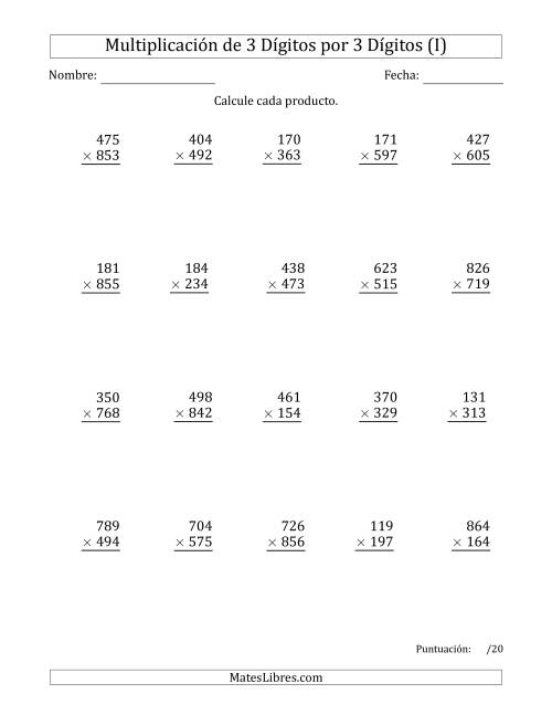 La hoja de ejercicios de Multiplicar Números de 3 Dígitos por 3 Dígitos Usando Comas como Separadores de Millares (I)