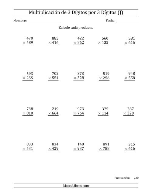 La hoja de ejercicios de Multiplicar Números de 3 Dígitos por 3 Dígitos Usando Comas como Separadores de Millares (J)
