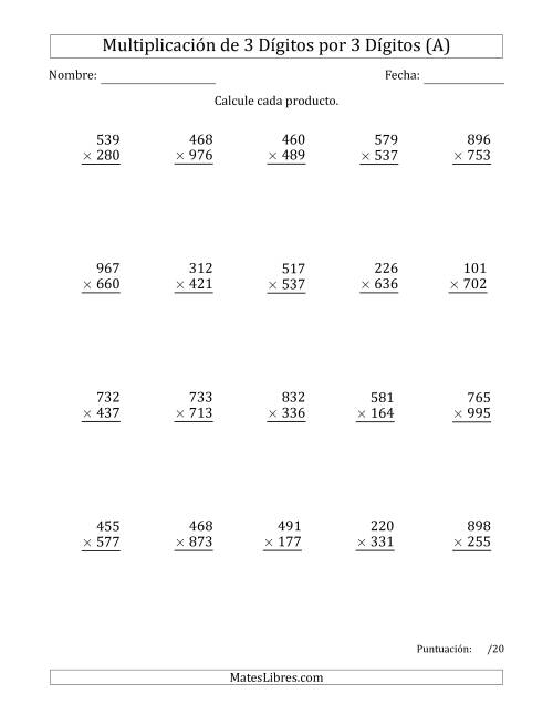 La hoja de ejercicios de Multiplicar Números de 3 Dígitos por 3 Dígitos Usando Puntos como Separadores de Millares (A)