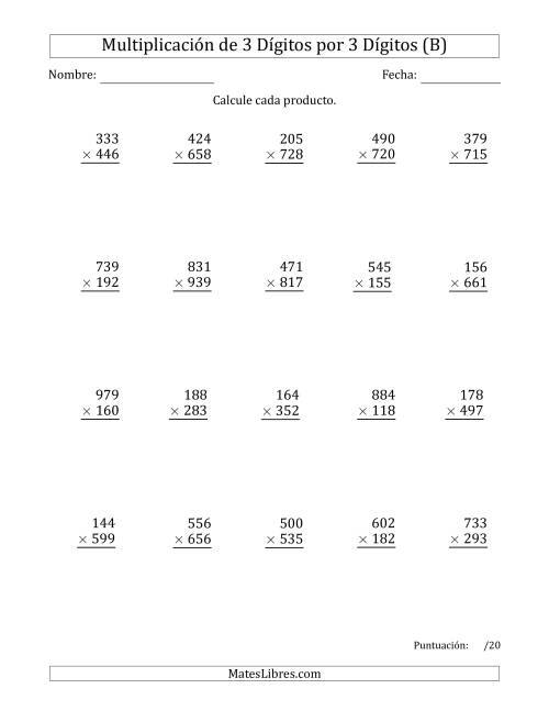 La hoja de ejercicios de Multiplicar Números de 3 Dígitos por 3 Dígitos Usando Puntos como Separadores de Millares (B)
