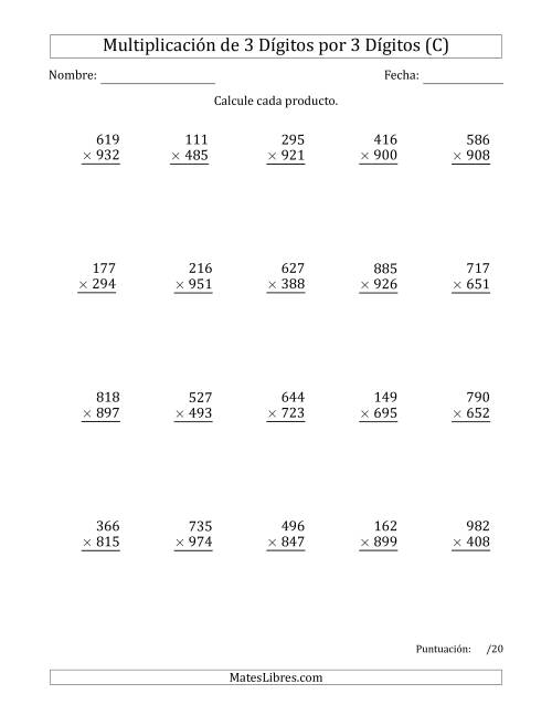 La hoja de ejercicios de Multiplicar Números de 3 Dígitos por 3 Dígitos Usando Puntos como Separadores de Millares (C)