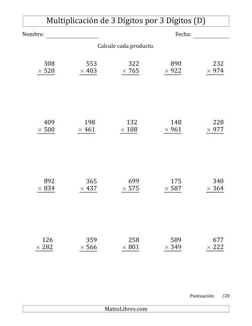 La hoja de ejercicios de Multiplicar Números de 3 Dígitos por 3 Dígitos Usando Puntos como Separadores de Millares (D)