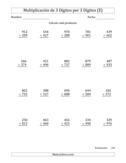 La hoja de ejercicios de Multiplicar Números de 3 Dígitos por 3 Dígitos Usando Puntos como Separadores de Millares (E)