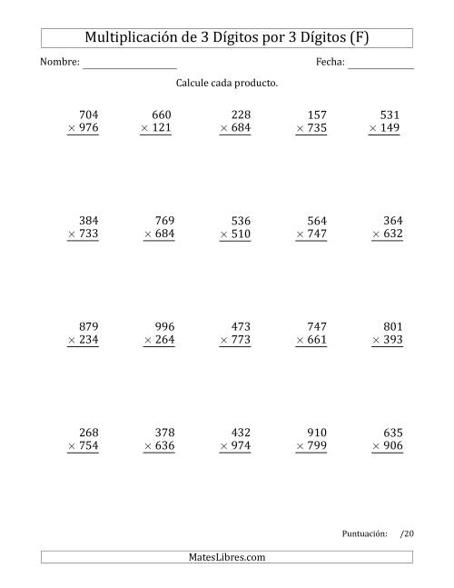 La hoja de ejercicios de Multiplicar Números de 3 Dígitos por 3 Dígitos Usando Puntos como Separadores de Millares (F)