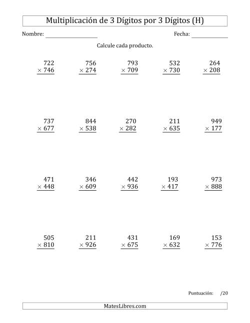 La hoja de ejercicios de Multiplicar Números de 3 Dígitos por 3 Dígitos Usando Puntos como Separadores de Millares (H)