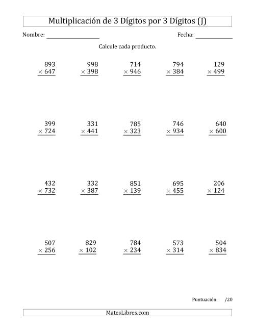 La hoja de ejercicios de Multiplicar Números de 3 Dígitos por 3 Dígitos Usando Puntos como Separadores de Millares (J)