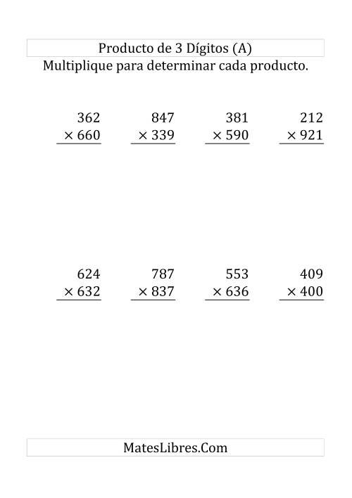 La hoja de ejercicios de Multiplicación Larga, Producto de Tres Dígitos por Tres Dígitos (Grande)