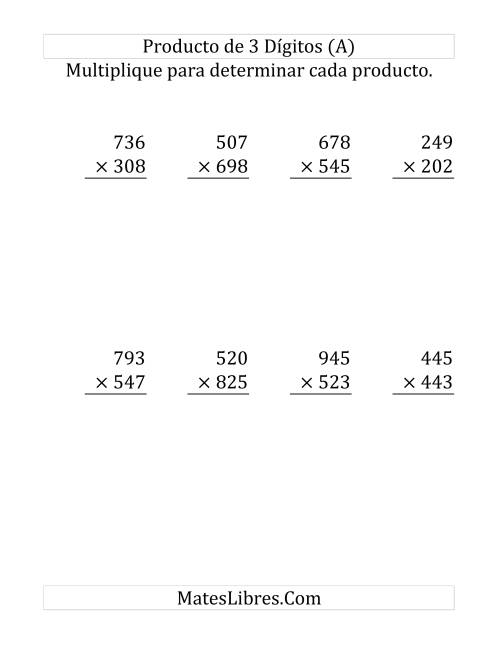 La hoja de ejercicios de Multiplicación Larga, Producto de Tres Dígitos por Tres Dígitos (Grande)