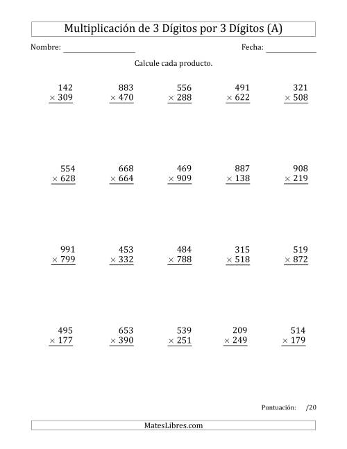 La hoja de ejercicios de Multiplicar Números de 3 Dígitos por 3 Dígitos Usando Comas como Separadores de Millares (Todas)