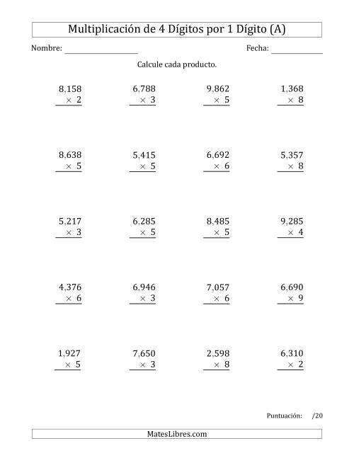 La hoja de ejercicios de Multiplicar Números de 4 Dígitos por 1 Dígito Usando Comas como Separadores de Millares (A)