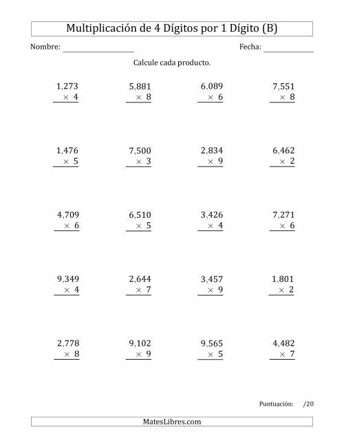 La hoja de ejercicios de Multiplicar Números de 4 Dígitos por 1 Dígito Usando Comas como Separadores de Millares (B)