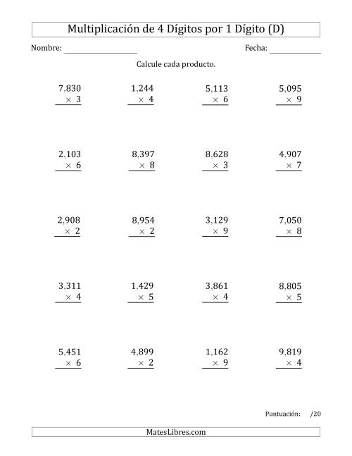 La hoja de ejercicios de Multiplicar Números de 4 Dígitos por 1 Dígito Usando Comas como Separadores de Millares (D)