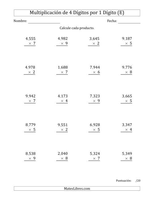 La hoja de ejercicios de Multiplicar Números de 4 Dígitos por 1 Dígito Usando Comas como Separadores de Millares (E)