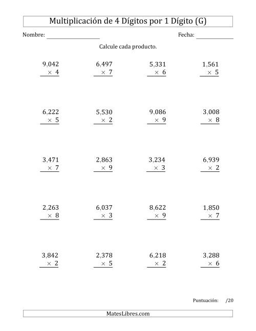 La hoja de ejercicios de Multiplicar Números de 4 Dígitos por 1 Dígito Usando Comas como Separadores de Millares (G)