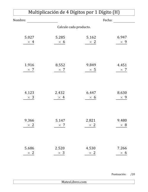 La hoja de ejercicios de Multiplicar Números de 4 Dígitos por 1 Dígito Usando Comas como Separadores de Millares (H)