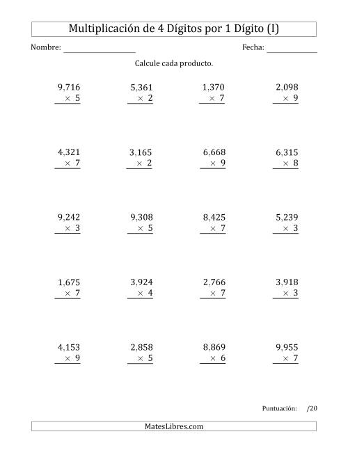 La hoja de ejercicios de Multiplicar Números de 4 Dígitos por 1 Dígito Usando Comas como Separadores de Millares (I)