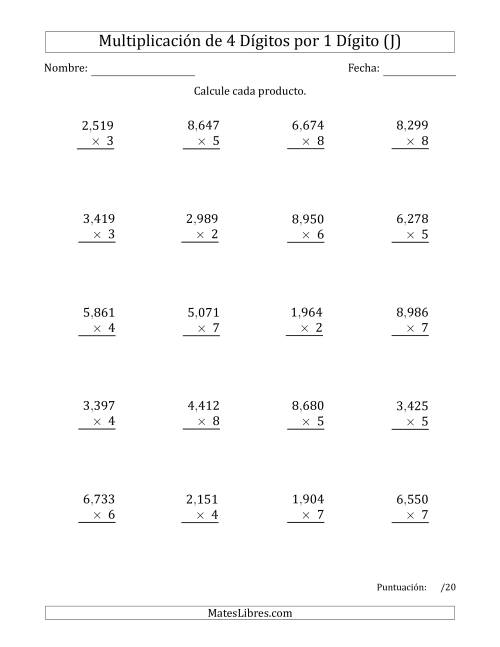 La hoja de ejercicios de Multiplicar Números de 4 Dígitos por 1 Dígito Usando Comas como Separadores de Millares (J)