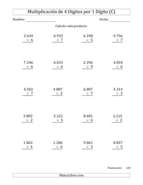 La hoja de ejercicios de Multiplicar Números de 4 Dígitos por 1 Dígito Usando Puntos como Separadores de Millares (C)