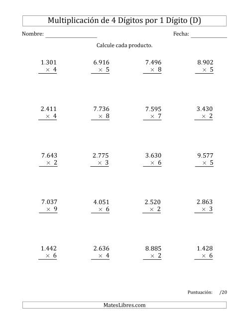 La hoja de ejercicios de Multiplicar Números de 4 Dígitos por 1 Dígito Usando Puntos como Separadores de Millares (D)