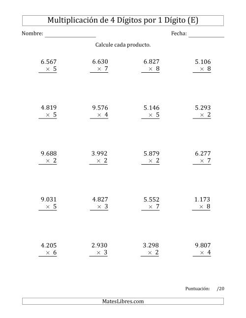 La hoja de ejercicios de Multiplicar Números de 4 Dígitos por 1 Dígito Usando Puntos como Separadores de Millares (E)