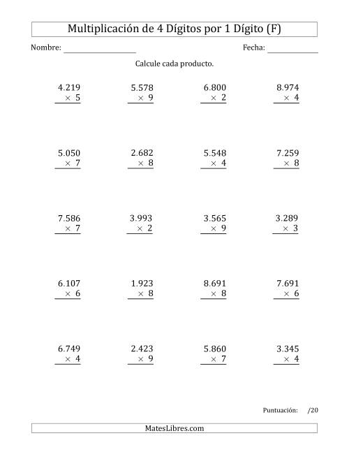 La hoja de ejercicios de Multiplicar Números de 4 Dígitos por 1 Dígito Usando Puntos como Separadores de Millares (F)