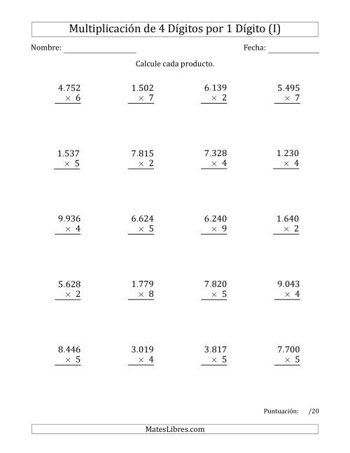 La hoja de ejercicios de Multiplicar Números de 4 Dígitos por 1 Dígito Usando Puntos como Separadores de Millares (I)