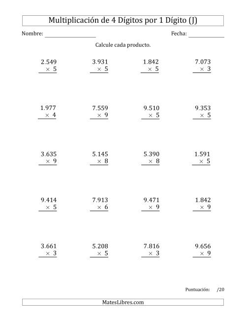 La hoja de ejercicios de Multiplicar Números de 4 Dígitos por 1 Dígito Usando Puntos como Separadores de Millares (J)