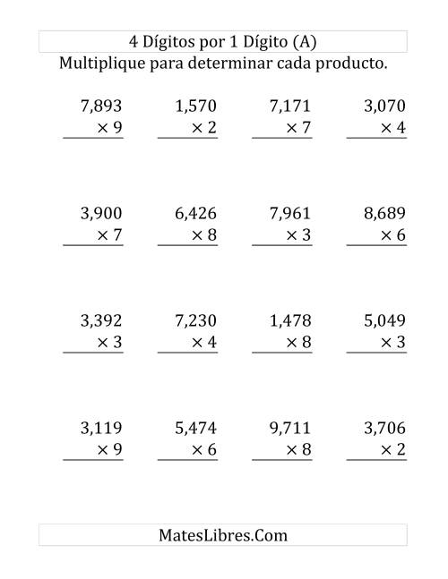 La hoja de ejercicios de Multiplicación Larga, Producto de Cuatro Dígitos por Un Dígito (Grande)