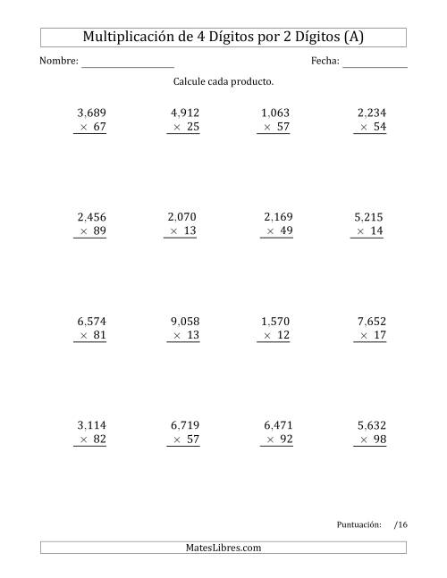 La hoja de ejercicios de Multiplicar Números de 4 Dígitos por 2 Dígitos Usando Comas como Separadores de Millares (A)