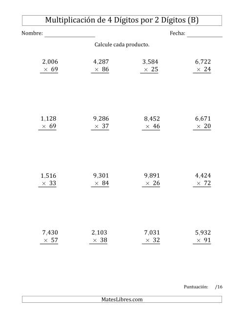 La hoja de ejercicios de Multiplicar Números de 4 Dígitos por 2 Dígitos Usando Comas como Separadores de Millares (B)