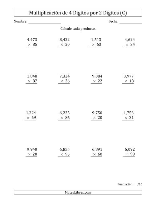 La hoja de ejercicios de Multiplicar Números de 4 Dígitos por 2 Dígitos Usando Comas como Separadores de Millares (C)