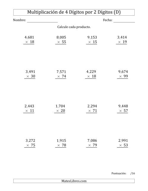 La hoja de ejercicios de Multiplicar Números de 4 Dígitos por 2 Dígitos Usando Comas como Separadores de Millares (D)